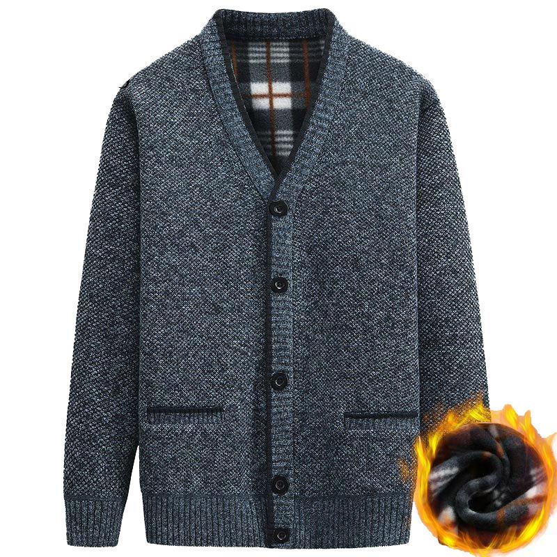 Can't Afford The Ball Winter Men's Plus Velvet Knitted Button Cardigan Sweater Warm Jacket