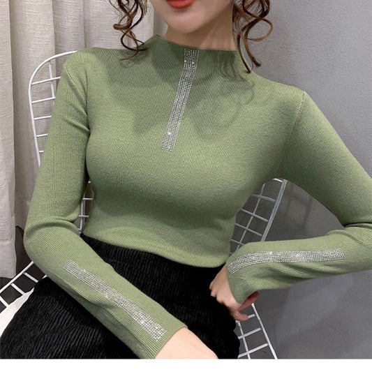Half-high Neck Bottoming Slim-fit Sweater Women's Fall/winter Fashion Diamond-studded Inner Thick Pullover Sweater