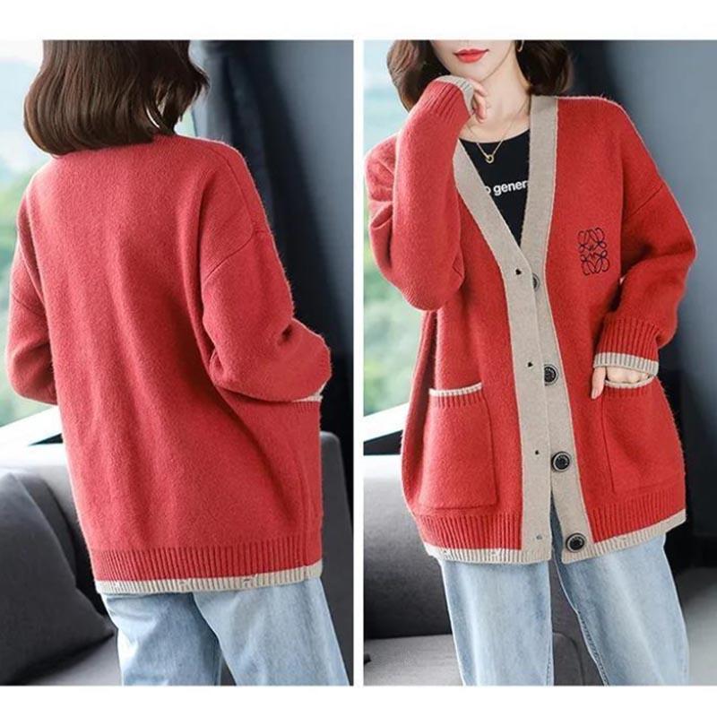 Knitted Cardigan Ladies Spring and Autumn Embroidered Pocket Loose V-Neck Thickened Plus Size Sweater Jacket