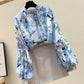 Floral Chiffon Puff Sleeve Top Thin Chiffon Shirt Women's Loose Casual Top Stand Collar Long Sleeves