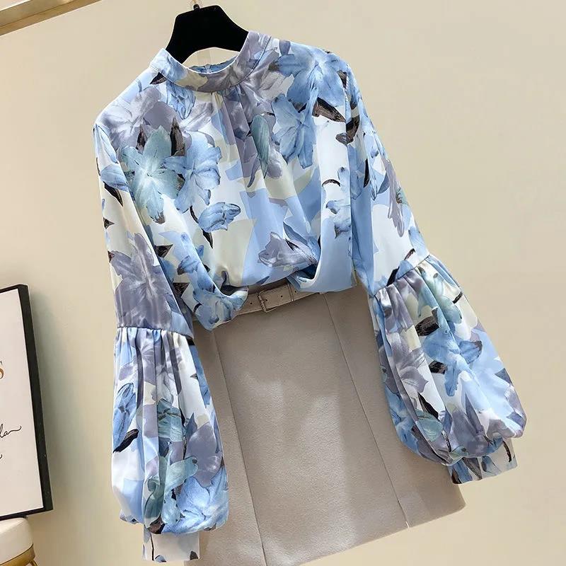 Floral Chiffon Puff Sleeve Top Thin Chiffon Shirt Women's Loose Casual Top Stand Collar Long Sleeves