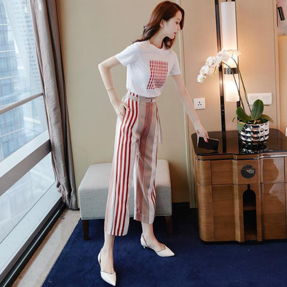 Summer Women's Cotton T-shirt Wide-leg Pants Two-piece Women's Round Neck Short-sleeved T-shirt + Loose Wide-leg Pants Fabric Soft and Sweat-absorbent