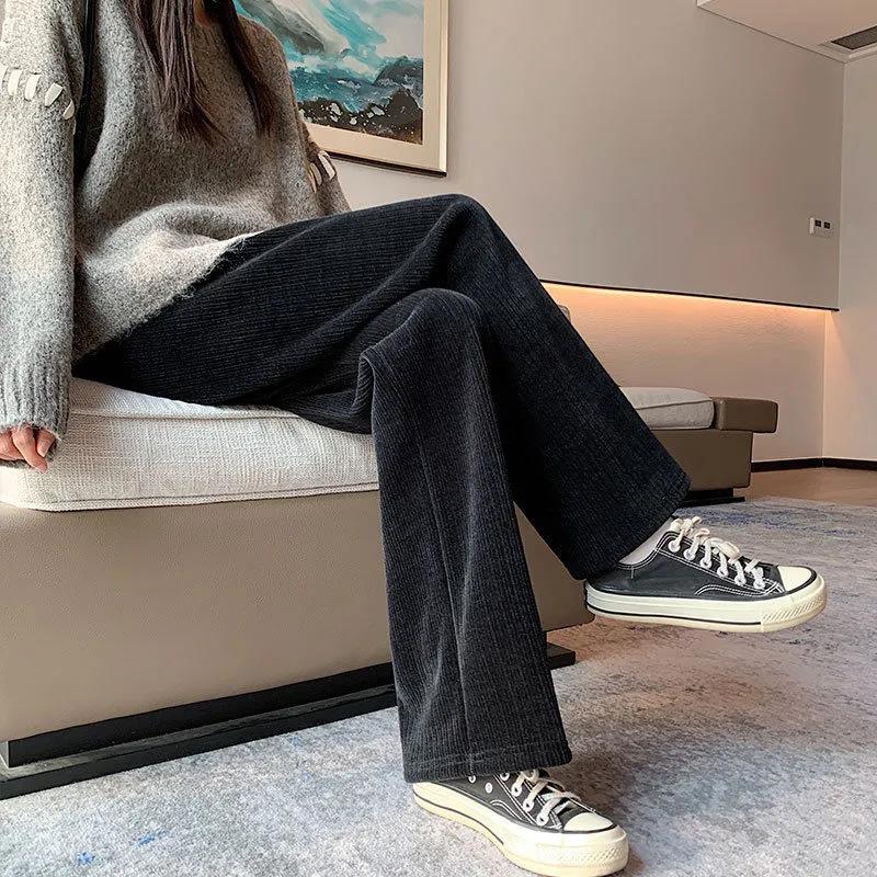 Casual Pants High Waist Winter Drape Loose Straight Leg Plus Velvet Thick Corduroy Corduroy Wide-leg Pants Women's Trousers