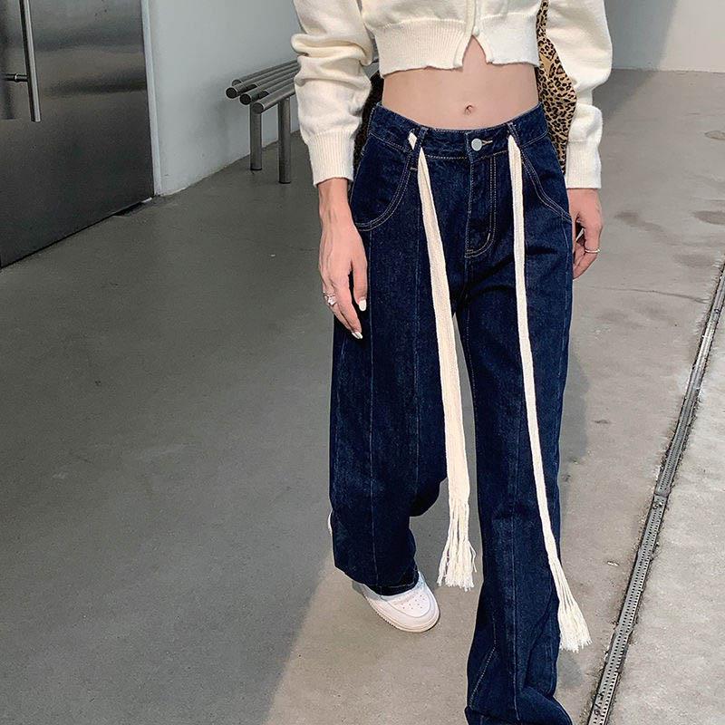 Retro Lace Jeans Women Autumn and Winter Loose High Waist Display Thin Straight Design
