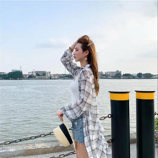 Long Coat Over The Knee Long Sun Protection Clothing Women Loose Fat MM Plaid Chiffon Shirt Sun Protection Clothing Large Loose