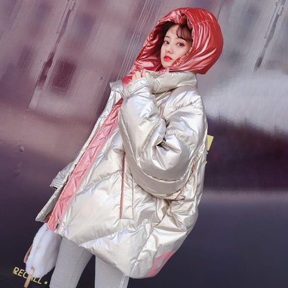 Winter White Duck Down Loose Hood Contrast Color Short Bread Jacket Ladies Down Jacket