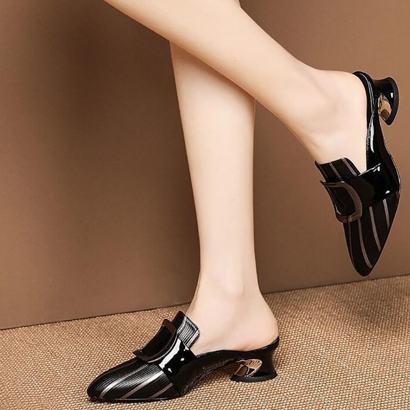 Soft Leather Sandals Women Middle Heel Slippers Pointed  Slippers Thick Heel Sexy Heel Sandals