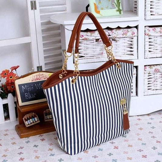 Canvas Bag Ladies Shoulder Bag College Style Striped Portable Handbags Leisure Shopping Handbags