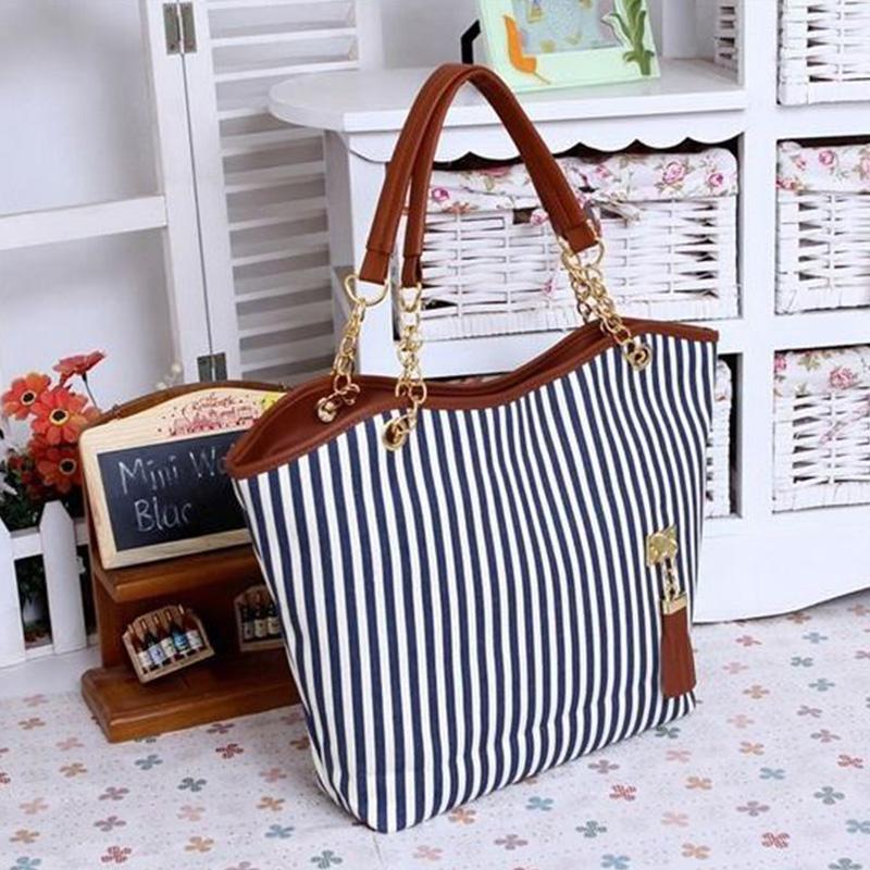 Canvas Bag Ladies Shoulder Bag College Style Striped Portable Handbags Leisure Shopping Handbags