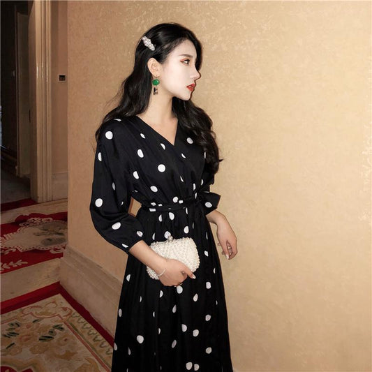 Black and White Point High Waist Temperament Was Thin V-neck Long Section Split Chiffon Dress