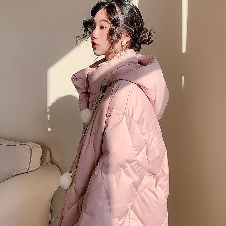 Duck Down Retro Diamond Lattice Horn Buckle Real Hair Ball Cute Down Jacket Mid-length Hooded Loose Warm Jacket Women Winter Thick Cotton Jacket