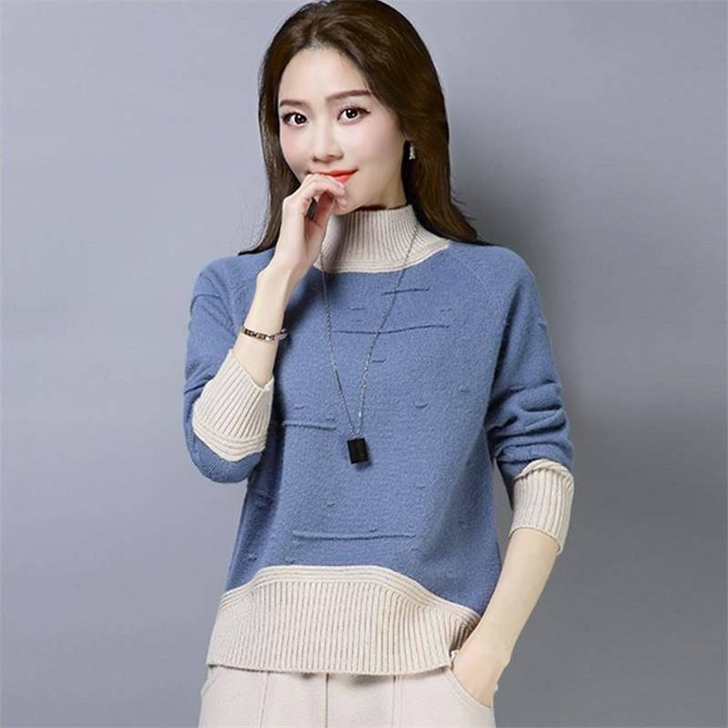 Pofulove Autumn Winter Women's Half-high Collar Knitted Outerwear Short Loose Sweater Base Shirt