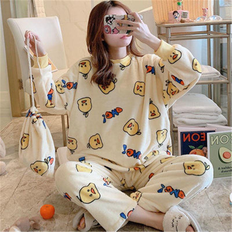 Women's Autumn and Winter Coral Velvet Thick Pajamas Flannel Plus Velvet Outer Wear Home Service Suit