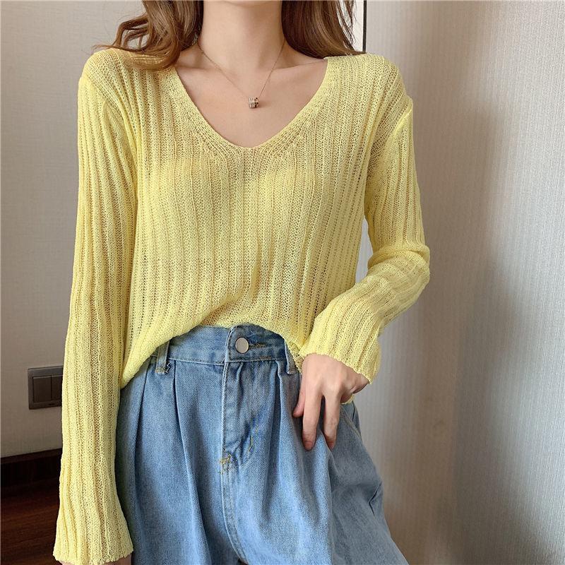 Girly White V-neck Sweater Women Spring and Autumn Korean Loose Thin Long-sleeved Sunscreen Top