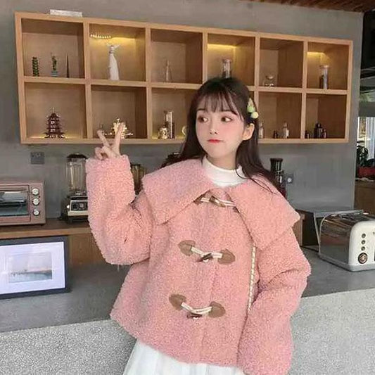 Autumn and Winter All-match Big Lapel Horn Buckle Loose Lamb Fur Coat Fur One Coat Women