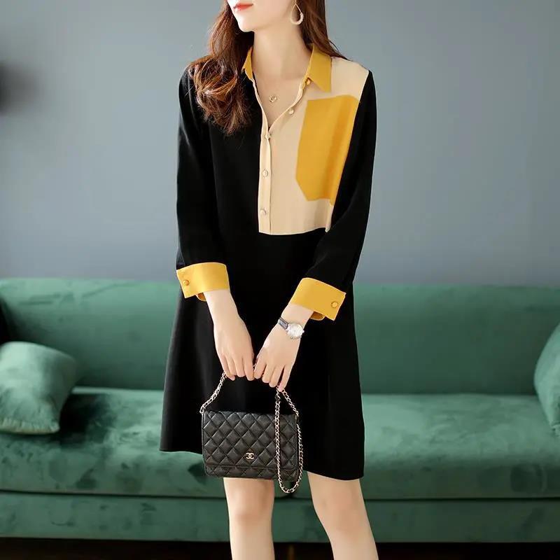 ChiffonTurn-down Collar 3/4 Sleeved Dress Spring and Autumn Large Size Loose Above Knee Length Buttons Color Stitching