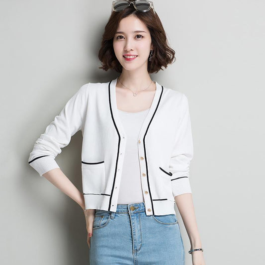 Fashion V-neck Knitted Cardigan Women's Long-sleeved Loose Short Sweater All-match Jacket