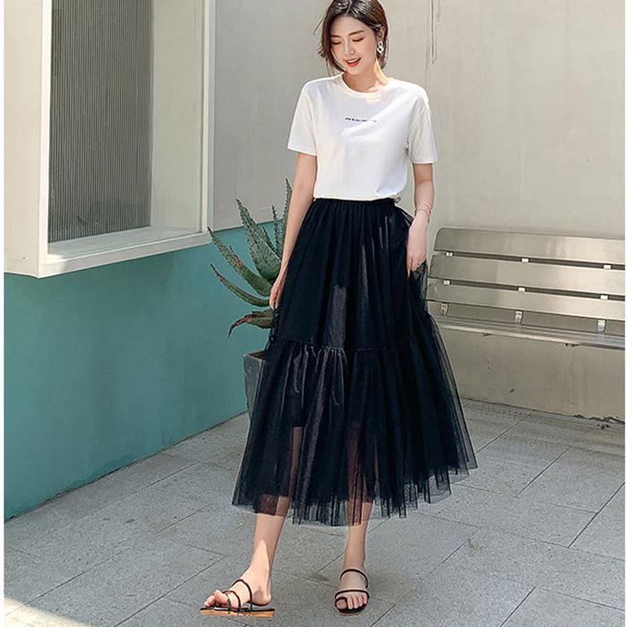 Three Layers Yarn Skirt Woman's Mid-length Elastic Waist Lace High Waist A-line Skirt Pleated Skirt  Fairy Tutu