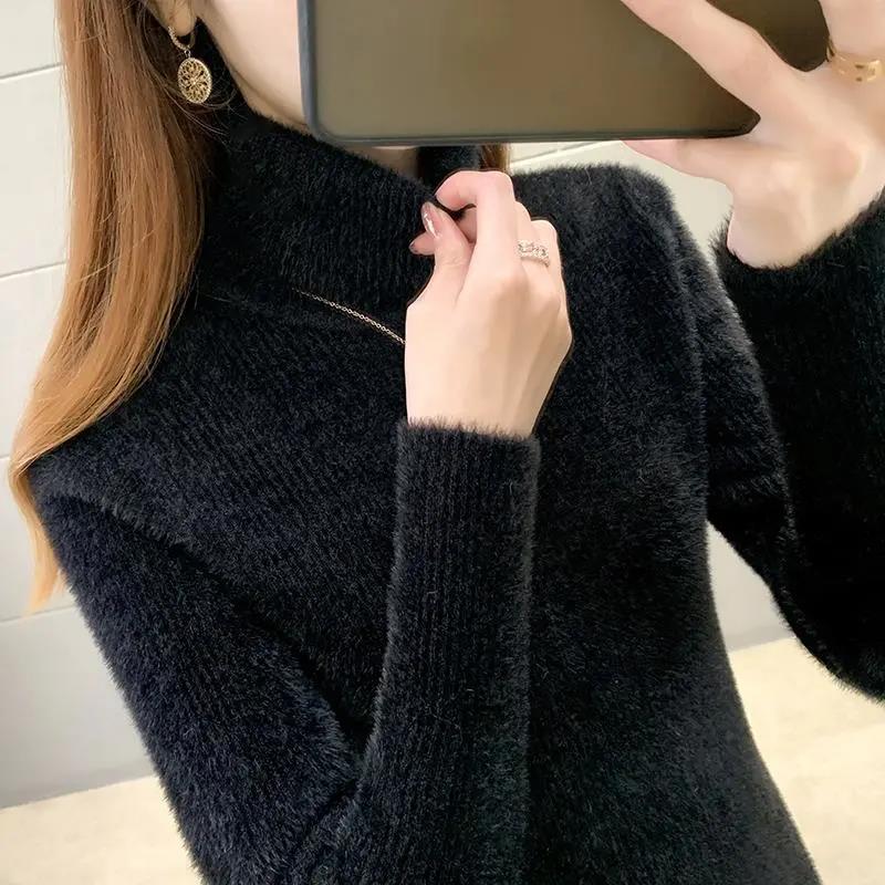 Imitation Mink Fleece Turtleneck Sweater Autumn and Winter Thickening Slim Fit Thin Knitted Sweater Women's Large Size Pullover