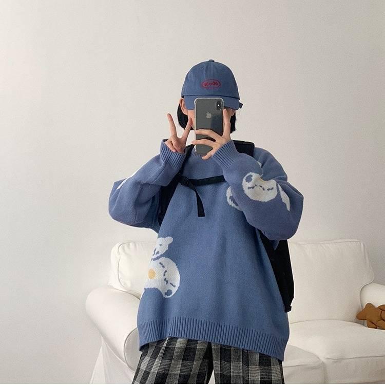 Pofulove Autumn Winter Japanese Sweet Cartoon Bear Sweater Female Students Loose Wild knitted Coat