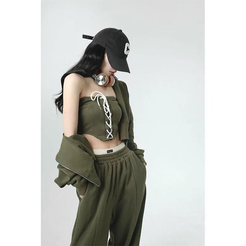 3PCS Women's Sports Street Adjustable Tube Top + Short Jacket + Loose Pants Three-piece Suit Ladies Long Sleeve Hooded Cardigan Jacket Suit