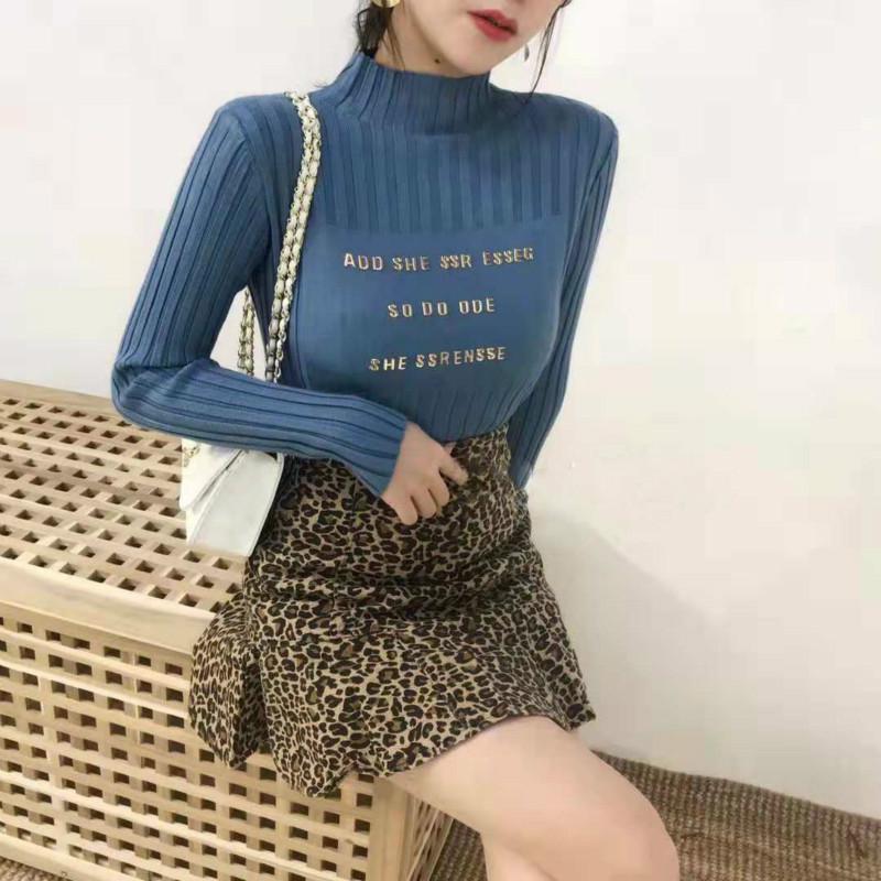 PofuLove Hedging Half Turtleneck Letter Sweater Female Korean Slim Thin Student Knitting Undershirt