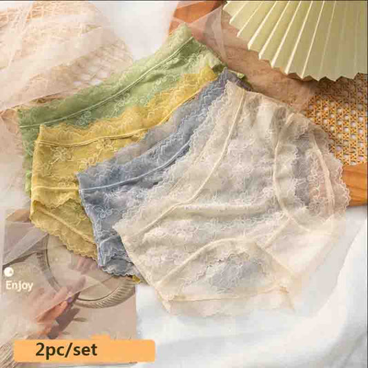 2pc Lace Panties Women's Mid-waist Light Luxury Style Sexy Mesh Comfortable Soft All-match
