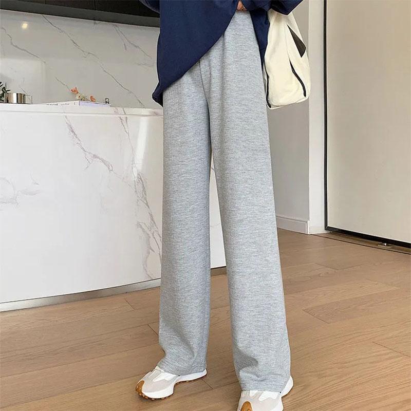 Women's Waffle Wide-leg Pants Spring and Summer Students High-waisted Straight-leg Pants Loose and Thin Casual Sports Pants with Pockets Mopping Pants