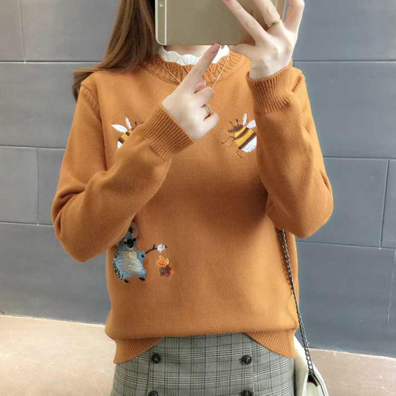 Women's Round Neck Short Sweater Solid Color High Collar Print Sweater Spring and Autumn Sweater