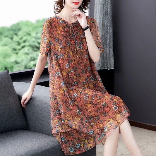 Chiffon Floral  Dress L-XXXXXL Women's Summer Veil Short Sleeve Round Neck Lightweight and Breathable