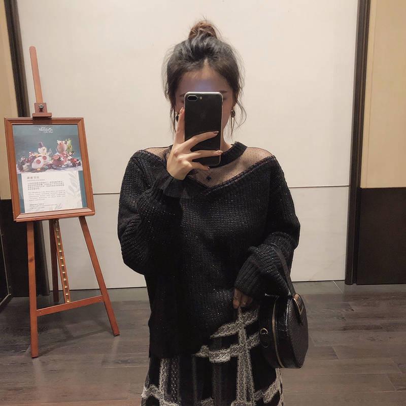 Pofulove Sexy Loose Bat Sleeved See-through Clavicle Top Mesh Knitwear Bright Silk Bottoming Sweater