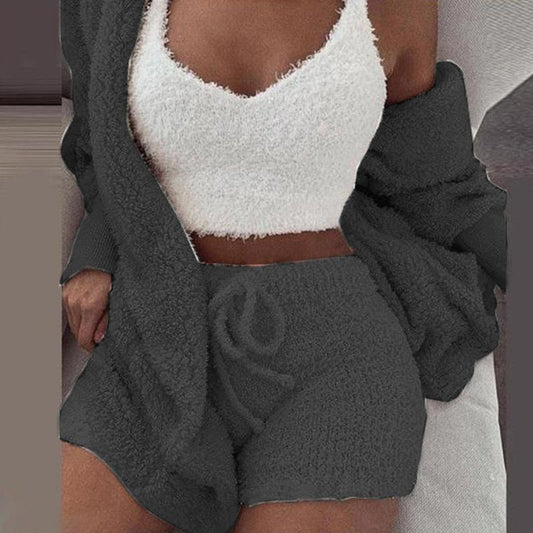 Women's Winter Plush Homewear Leisure 3-piece Pajamas Set Long-sleeved Vest Shorts Sports Suits Outerwear Suits