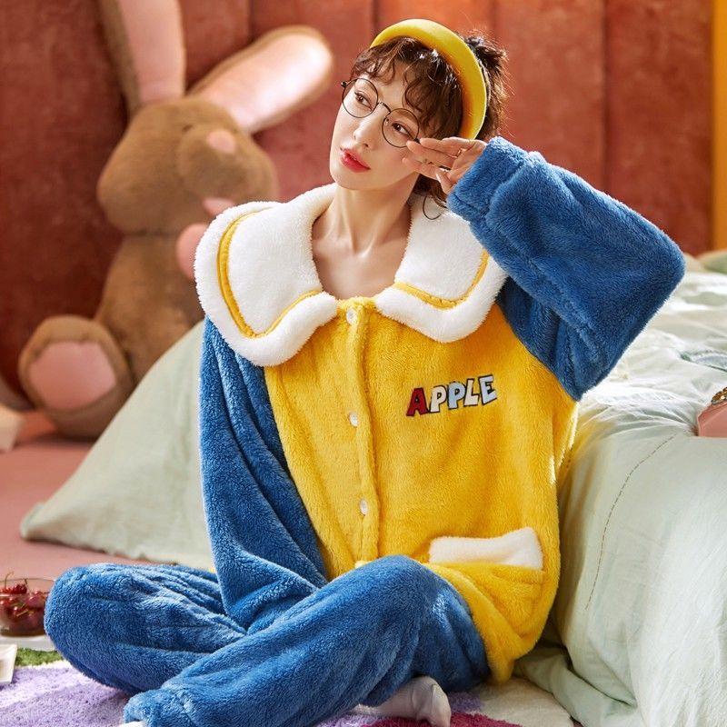 Christmas Pajamas Party Pajamas Set Female Coral Velvet Winter Thickening Plus Velvet Cute Flannel Long Nightgown Home Service Suit