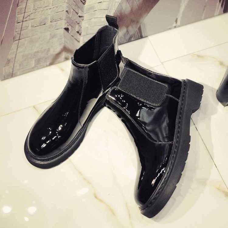 Women's Chelsea Boots Black Ankle Boots for Woman Thick High Heel Round Toe Winter Leather Shoes