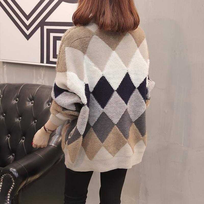 Cardigan Sweater Loose Knitted Coat Long Sleeve Color Matching Shirt Women's Thick Sweater Women