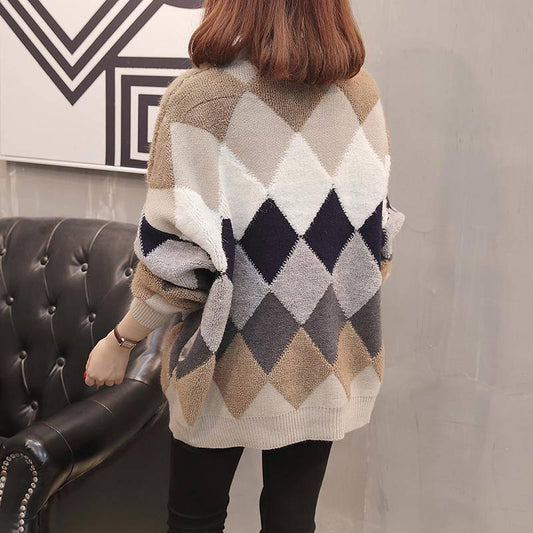 Cardigan Sweater Loose Knitted Coat Long Sleeve Color Matching Shirt Women's Thick Sweater Women