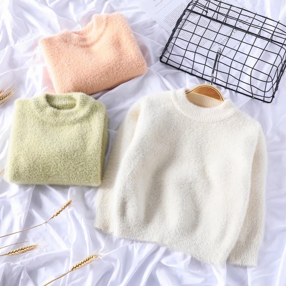 Children's Sweater Mink Velvet Hedging Western Style Solid Color Round Neck Long-sleeved Sweater Baby Top