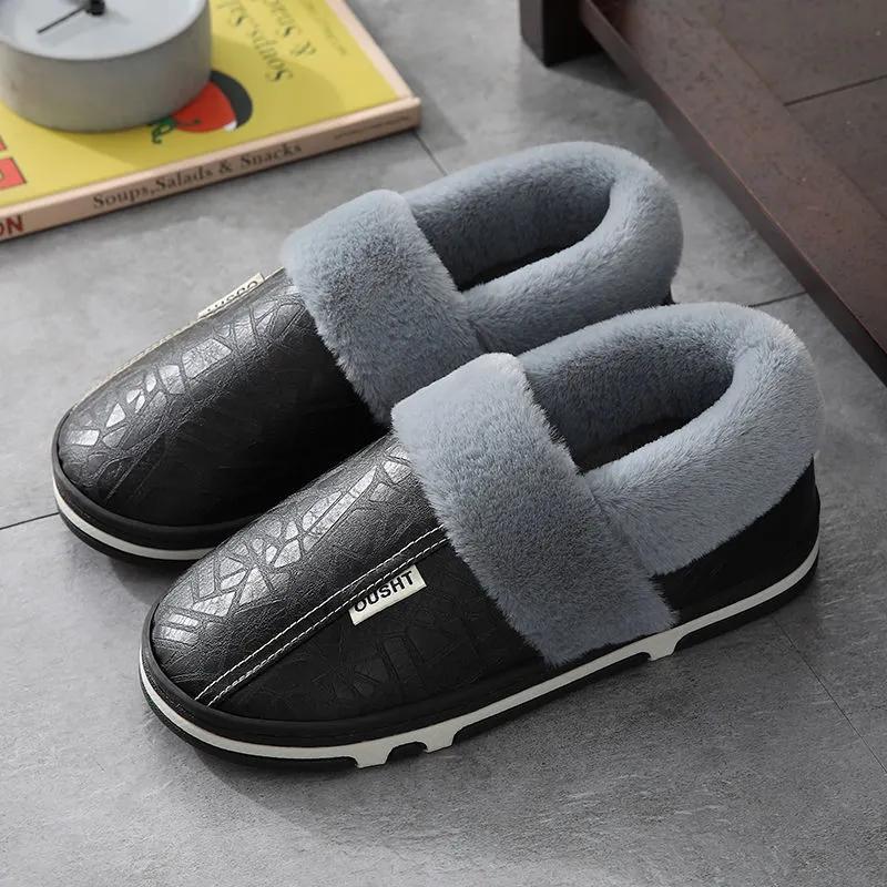 Bag Heel PU Leather Waterproof Winter Cotton Slippers Women's Indoor Household Non-slip Home Warm Cotton Shoes
