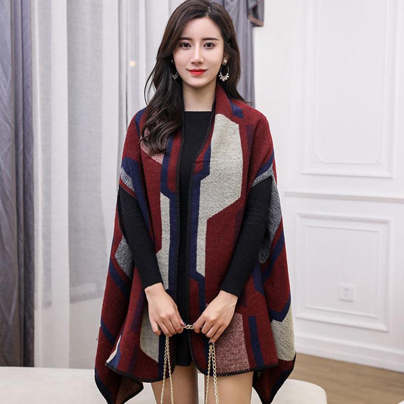 Shawl Cloak Female Autumn and Winter Thick Warmth Shawl Windproof Buckle Temperament Shawl Can Be Worn Shawl Scarf Dual-use