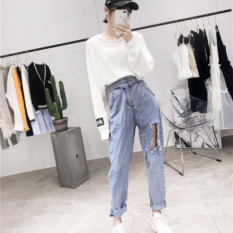 WTEMPO Pants Women's Hole Society Loose Light Color Beggar Harem Pants Korean High Waist Cropped Jeans