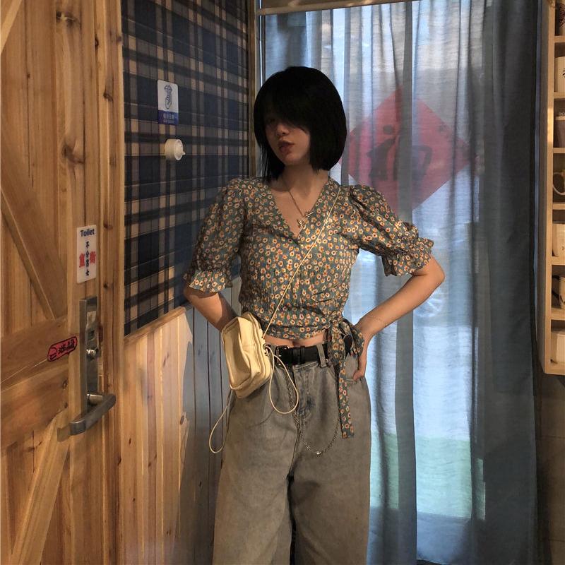 Puff Sleeve Floral Short-sleeved Chiffon Shirt Women's Summer Korean Design High-waist Short Top