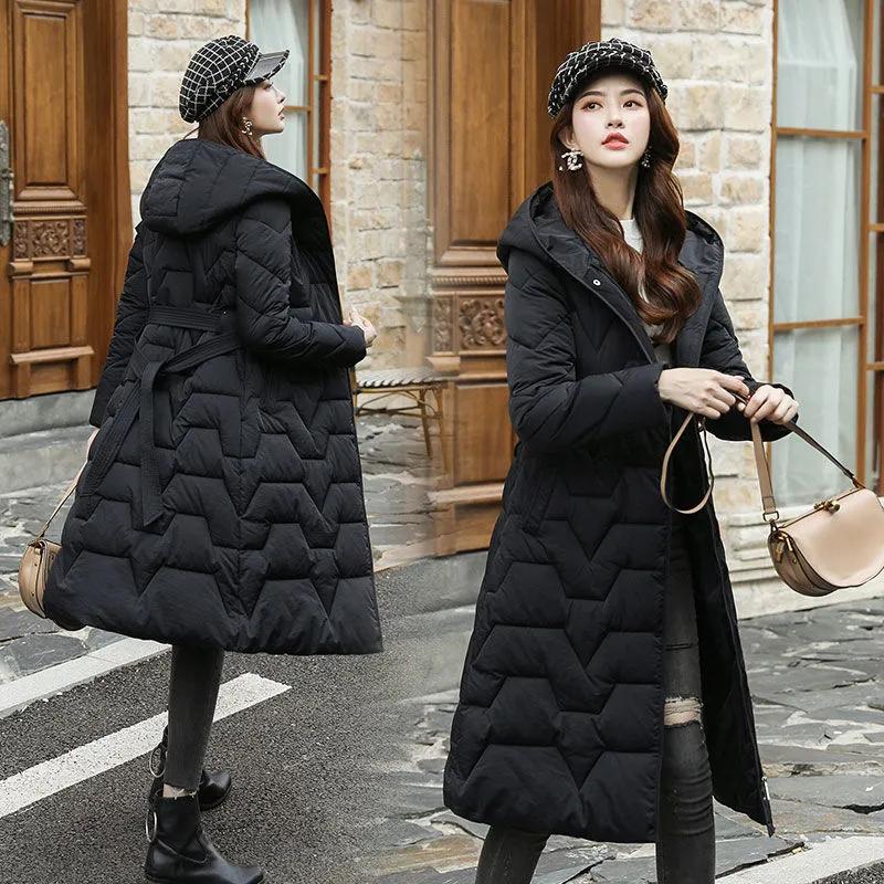 Down Coats Winter Jackets Women Plus Size Hooded Long Padded Parkas Coats with Belt Thick Warm Windbreaker Outwear Black Parkas Jackets Women