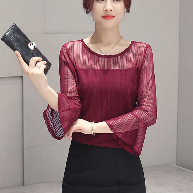 Women's Summer Loose Long Sleeve Top Print Versatile Round Neck Chiffon T-Shirt