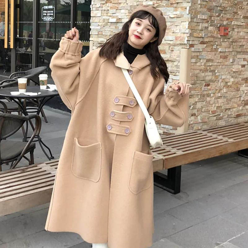 Women's Autumn Over-the-knee Coat Female Students' Long Woolen Coat Is Loose and Thin