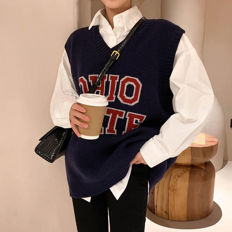 Letter V-neck Knitted Waistcoat Female Autumn Korean Version Was Thin and Western Style Wild Sleeveless Waistcoat Waistcoat