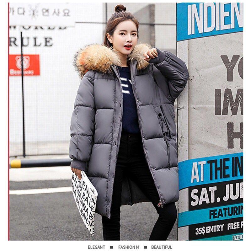 Women's Fashion Down Cotton Jacket Long Over The Knee Thickened Warm Coat Hooded Fur Collar Coat