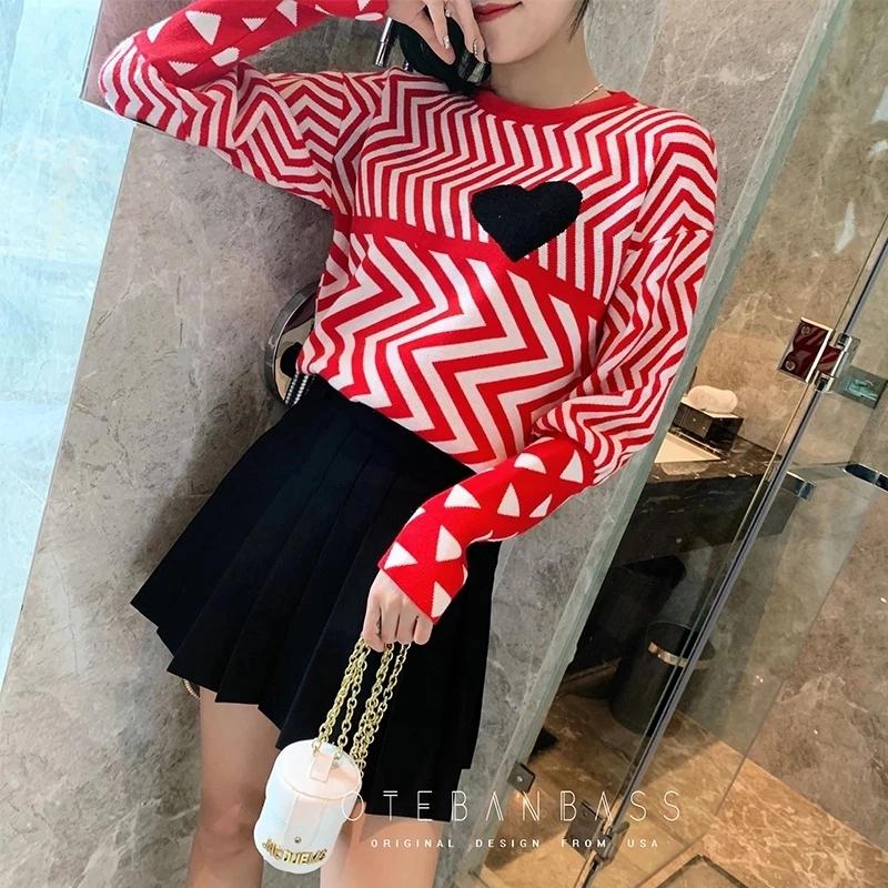 Geometric Heart Pattern Long Sleeve Tops Lovely Pullovers Knitted Loose Jumper
