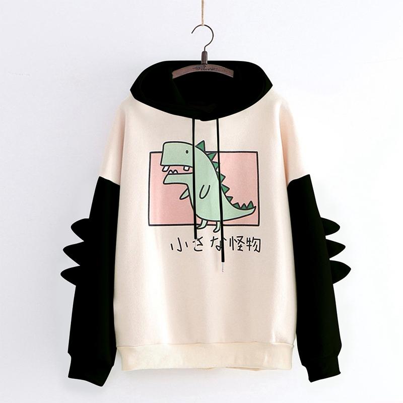 Dinosaur Oversized Cartoon Hoodie Women Fashion Sweatshirt Casual Print Korean Style Thicken Sweatshirt Winter Dino Hoodie Tops