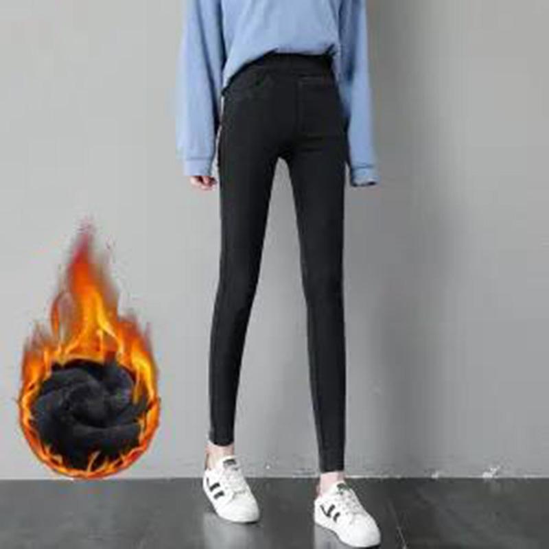 Snowflake Black Imitation Denim Women's Lengthened Trousers for Outer Wear Winter Plus Size Women's Trousers High Waist Thin and Thick Cotton