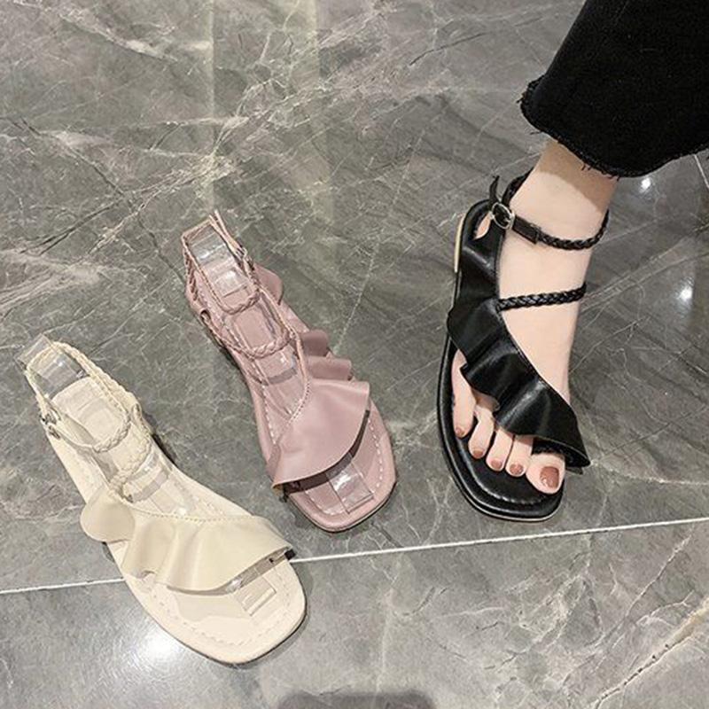 Sandals Women's Large Size Summer Lotus Leaf Fairy Style Flat Bottom All-match Word with Low-heeled Roman Shoes